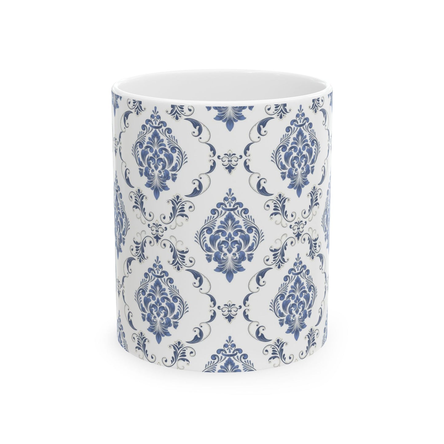 Blue Damask Ceramic Mug — Elegant Vintage Pattern Coffee Cup (11oz, 15oz)