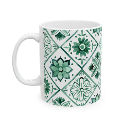 Green Tile Pattern Ceramic Mug — Boho Floral Moroccan-Style 11oz & 15oz