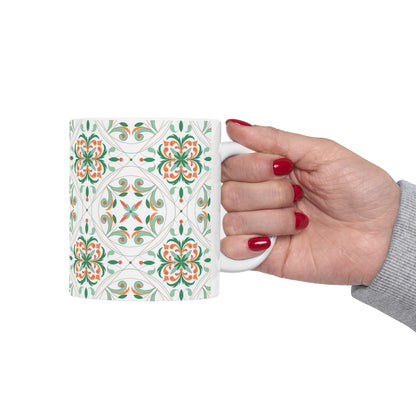 Moroccan Tile Pattern Ceramic Mug – Green & Coral Floral 11oz/15oz