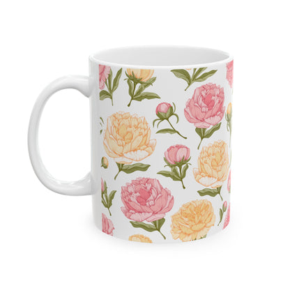 Floral Peony Ceramic Mug – Pink & Peach Vintage Flower Coffee Cup (11oz/15oz)
