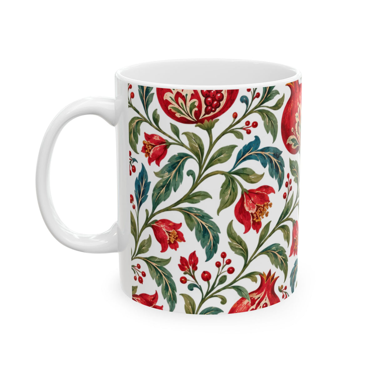Pomegranate Floral Ceramic Mug — Red & Green Botanical Pattern (11oz, 15oz)