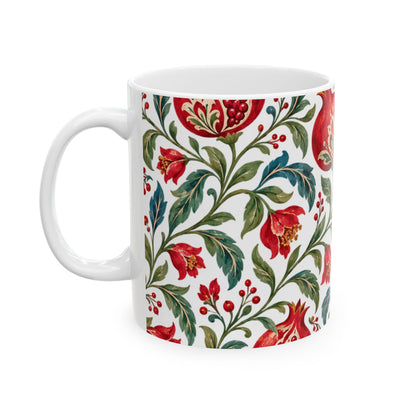Pomegranate Floral Ceramic Mug — Red & Green Botanical Pattern (11oz, 15oz)