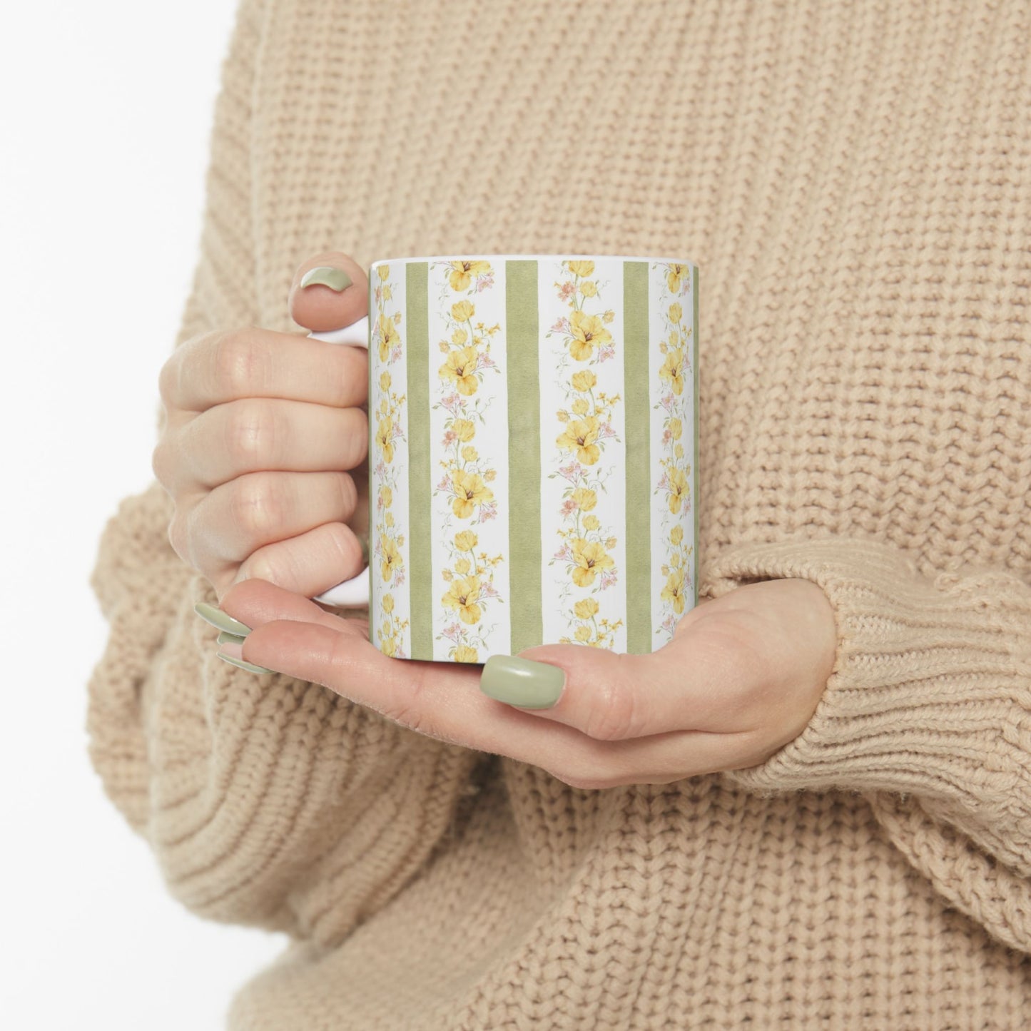 Floral Stripe Ceramic Mug – Vintage Yellow Rose Pattern (11oz & 15oz)