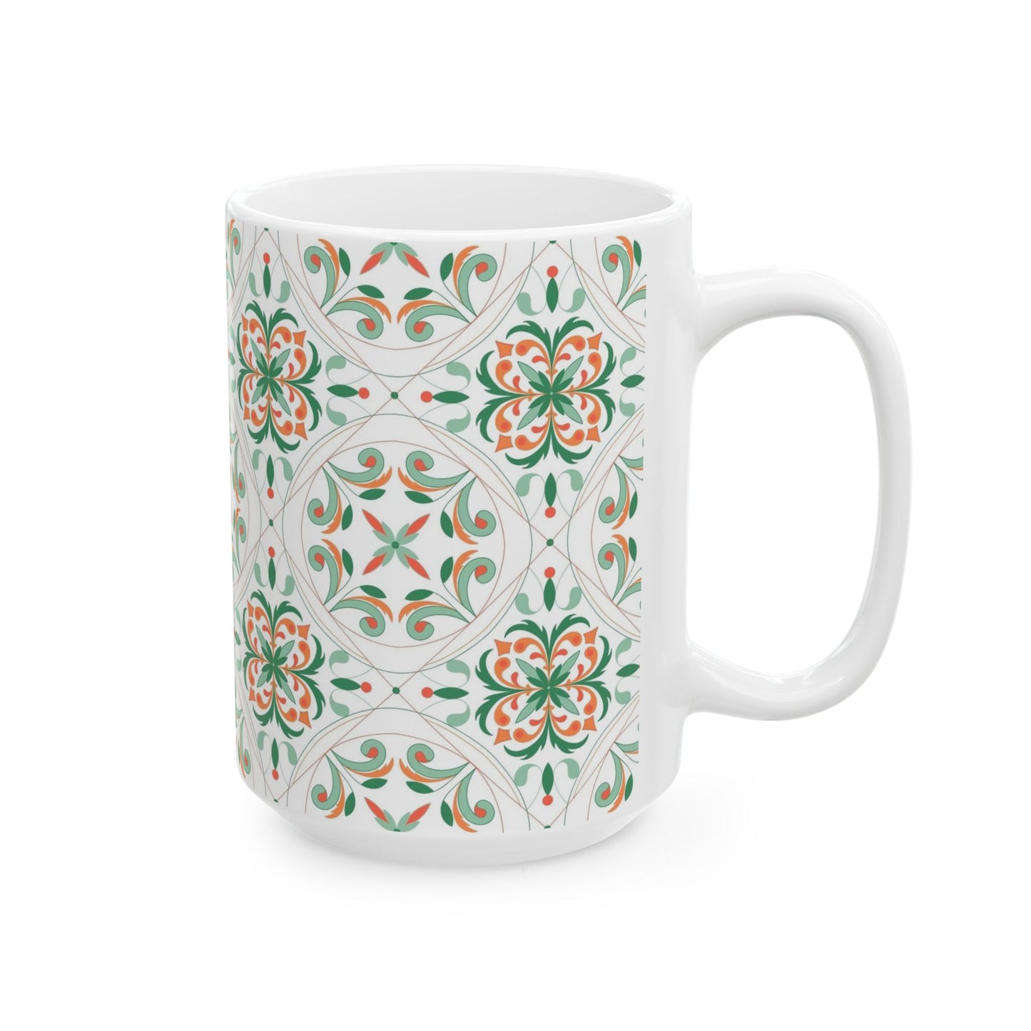 Moroccan Tile Pattern Ceramic Mug – Green & Coral Floral 11oz/15oz