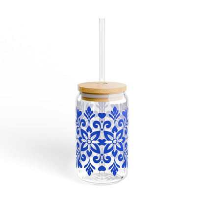 Blue Floral Mason Sipper Glass