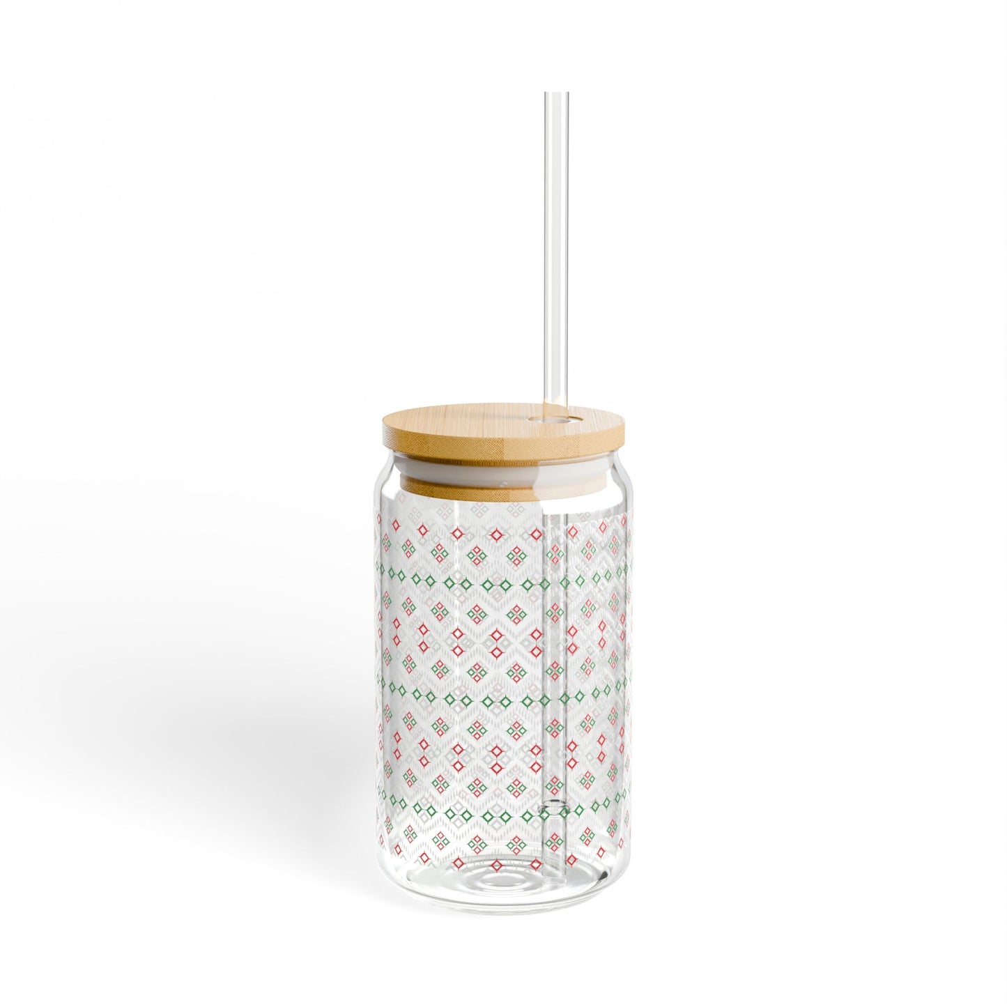 Red Green Ikat Glass Cup with Lid & Straw