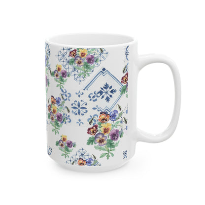Vintage Pansy Floral Ceramic Mug – Blue Tile Pattern (11oz & 15oz)