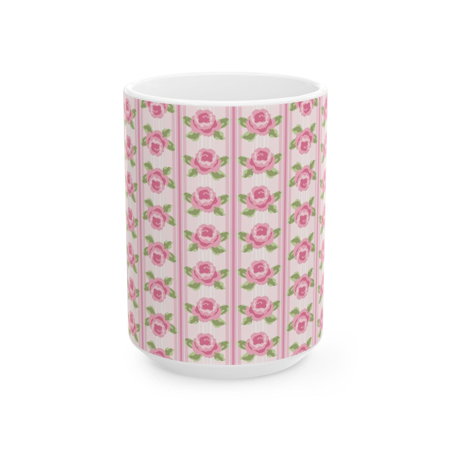 Pink Rose Stripe Ceramic Mug — Floral Vintage Tea Coffee Cup (11oz & 15oz)