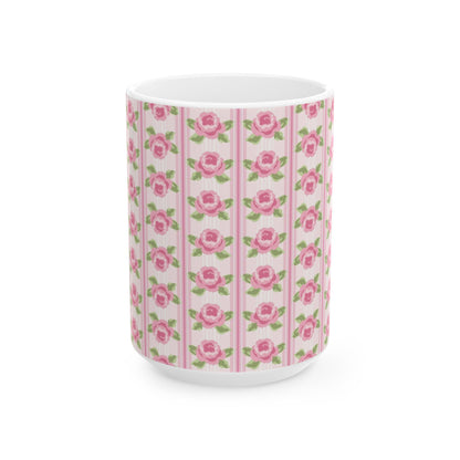 Pink Rose Stripe Ceramic Mug — Floral Vintage Tea Coffee Cup (11oz & 15oz)