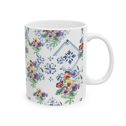 Vintage Pansy Floral Ceramic Mug – Blue Tile Pattern (11oz & 15oz)