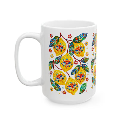 Lemon Blossom Ceramic Mug — Colorful Floral Fruit Pattern (11oz, 15oz)