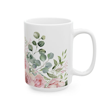 Floral Rose Garden Ceramic Mug — Pink Watercolor Bouquet (11oz & 15oz)