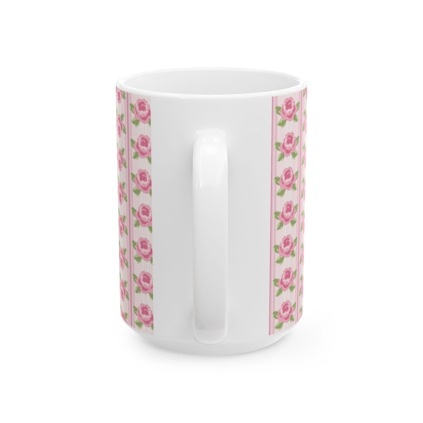 Pink Rose Stripe Ceramic Mug — Floral Vintage Tea Coffee Cup (11oz & 15oz)