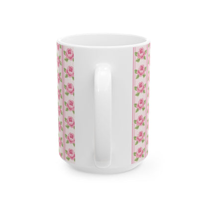 Pink Rose Stripe Ceramic Mug — Floral Vintage Tea Coffee Cup (11oz & 15oz)