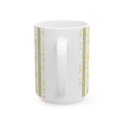 Floral Stripe Ceramic Mug – Vintage Yellow Rose Pattern (11oz & 15oz)