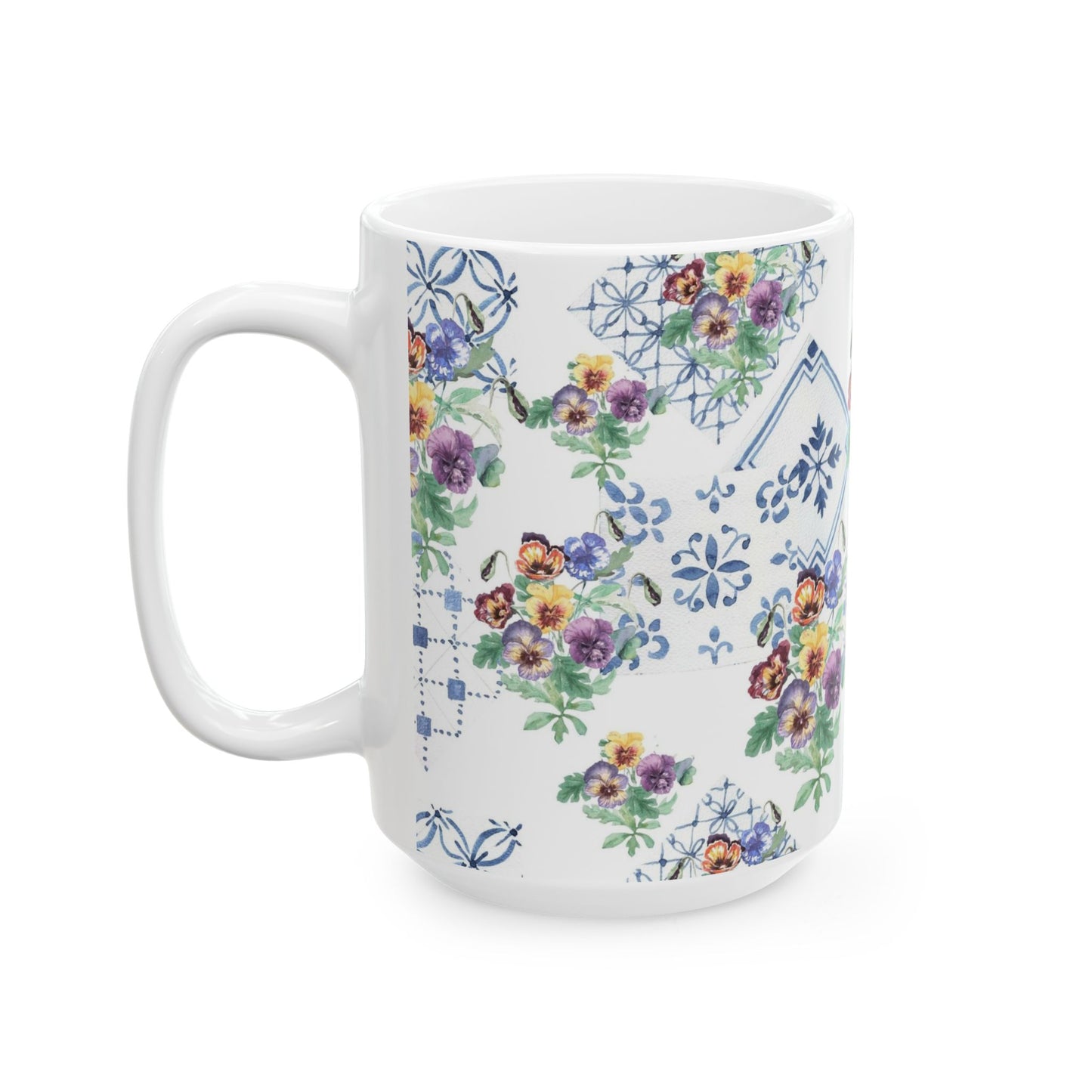 Vintage Pansy Floral Ceramic Mug – Blue Tile Pattern (11oz & 15oz)