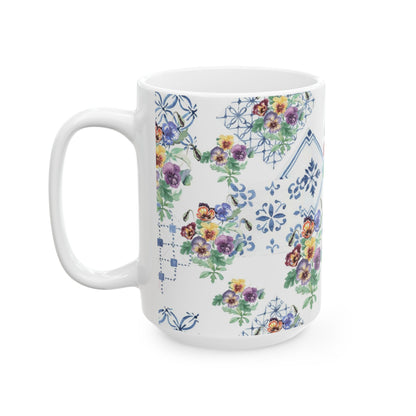 Vintage Pansy Floral Ceramic Mug – Blue Tile Pattern (11oz & 15oz)