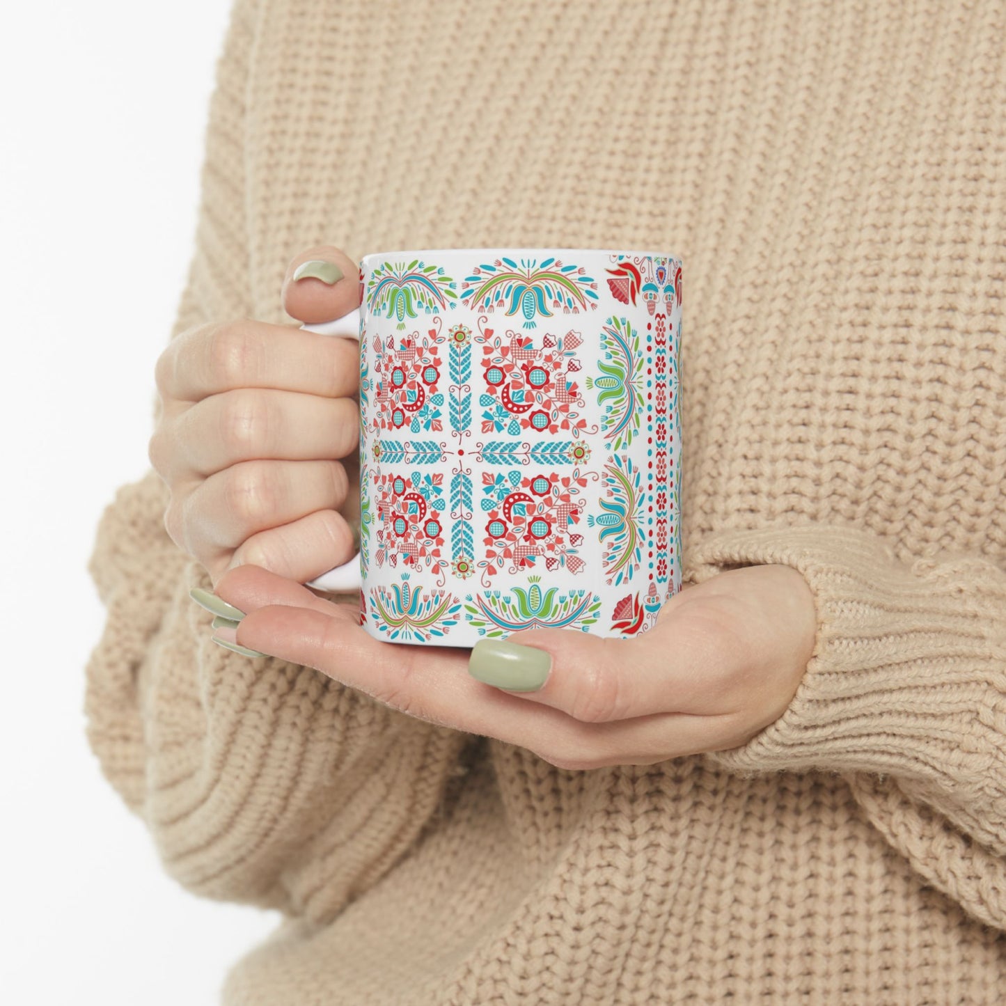 Floral Folk Art Ceramic Mug — Colorful Boho Pattern (11oz & 15oz)