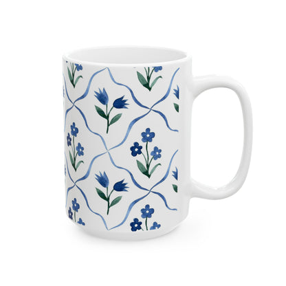 Blue Floral Ceramic Mug — Handpainted Tile Pattern (11oz & 15oz)