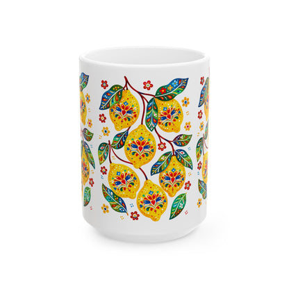 Lemon Blossom Ceramic Mug — Colorful Floral Fruit Pattern (11oz, 15oz)
