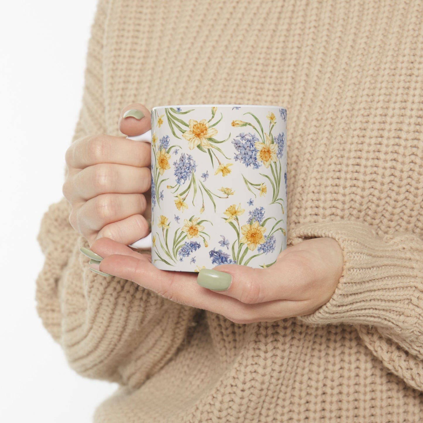 Floral Spring Bouquet Ceramic Mug — Blue Hyacinth & Yellow Daffodil 11oz/15oz