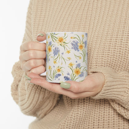 Floral Spring Bouquet Ceramic Mug — Blue Hyacinth & Yellow Daffodil 11oz/15oz