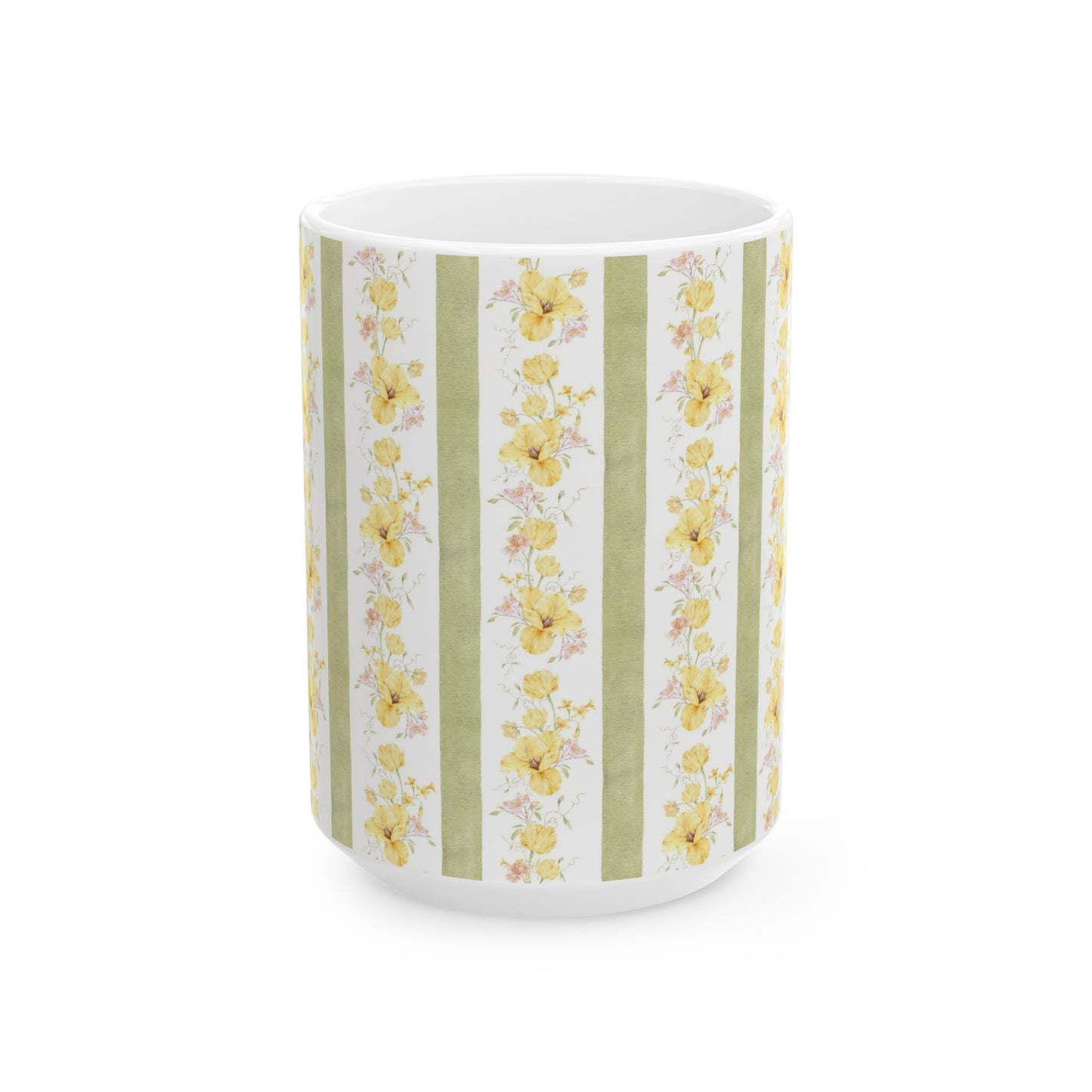 Floral Stripe Ceramic Mug – Vintage Yellow Rose Pattern (11oz & 15oz)