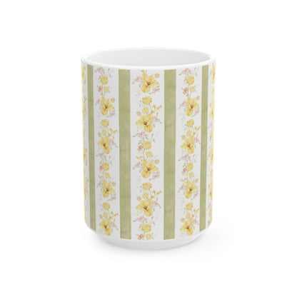 Floral Stripe Ceramic Mug – Vintage Yellow Rose Pattern (11oz & 15oz)