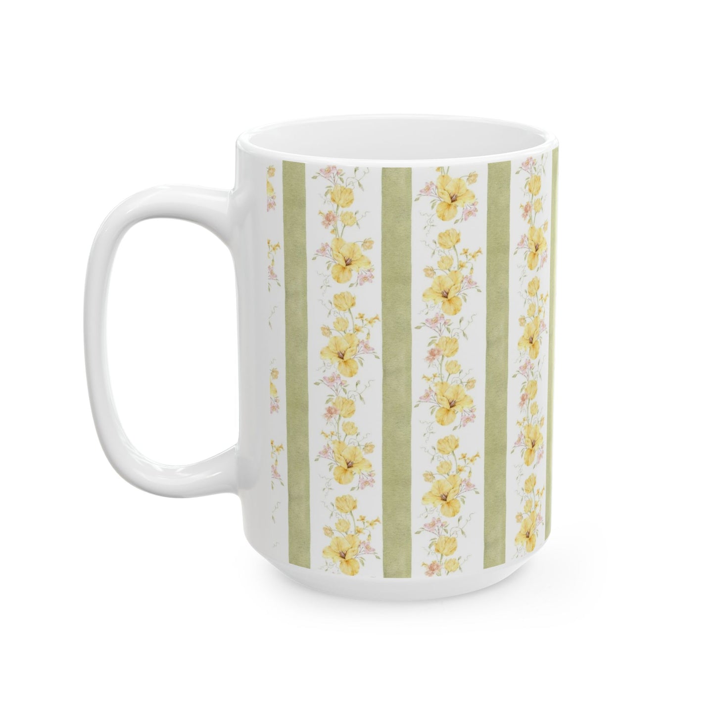 Floral Stripe Ceramic Mug – Vintage Yellow Rose Pattern (11oz & 15oz)