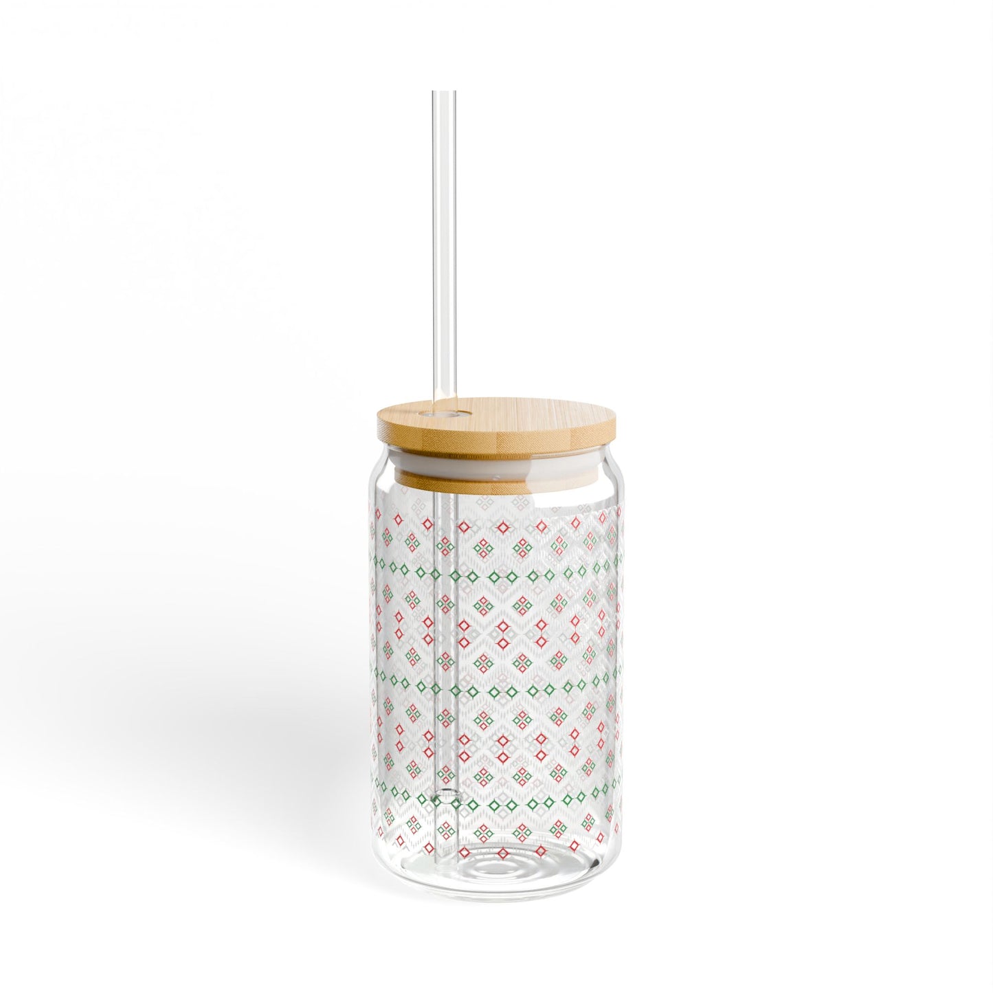 Red Green Ikat Glass Cup with Lid & Straw