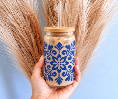 Blue Floral Mason Sipper Glass