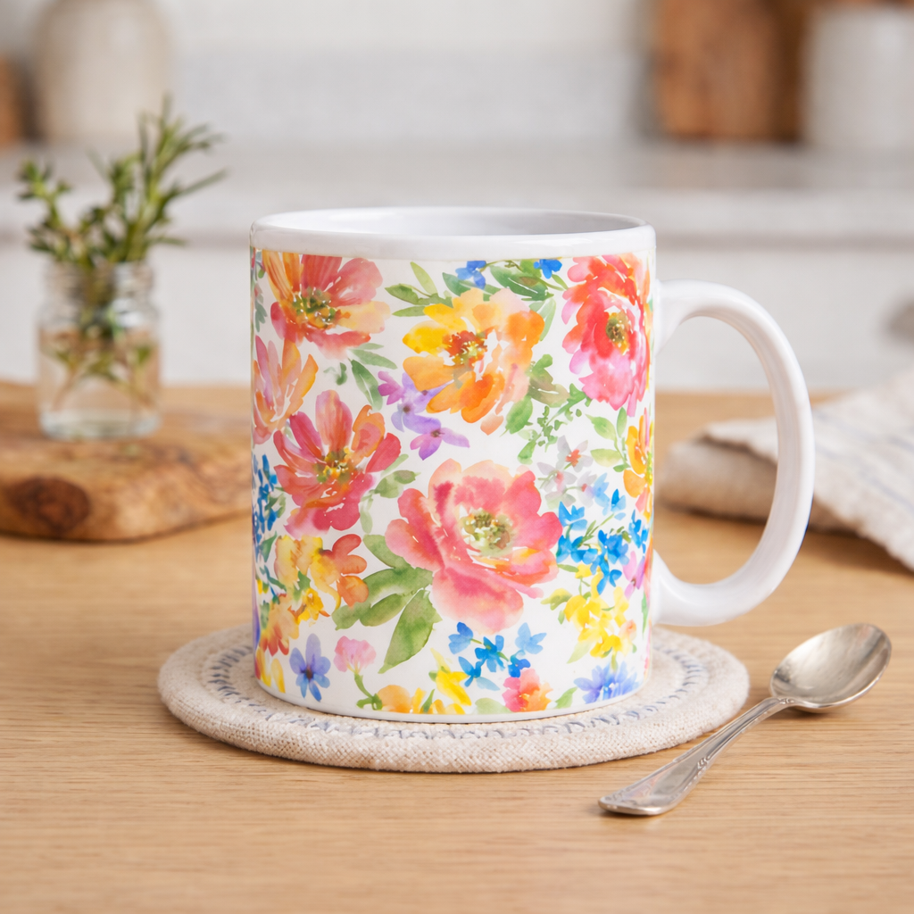 Floral Watercolor Mug — Bright Spring Flowers Ceramic Coffee Cup (11oz & 15oz)