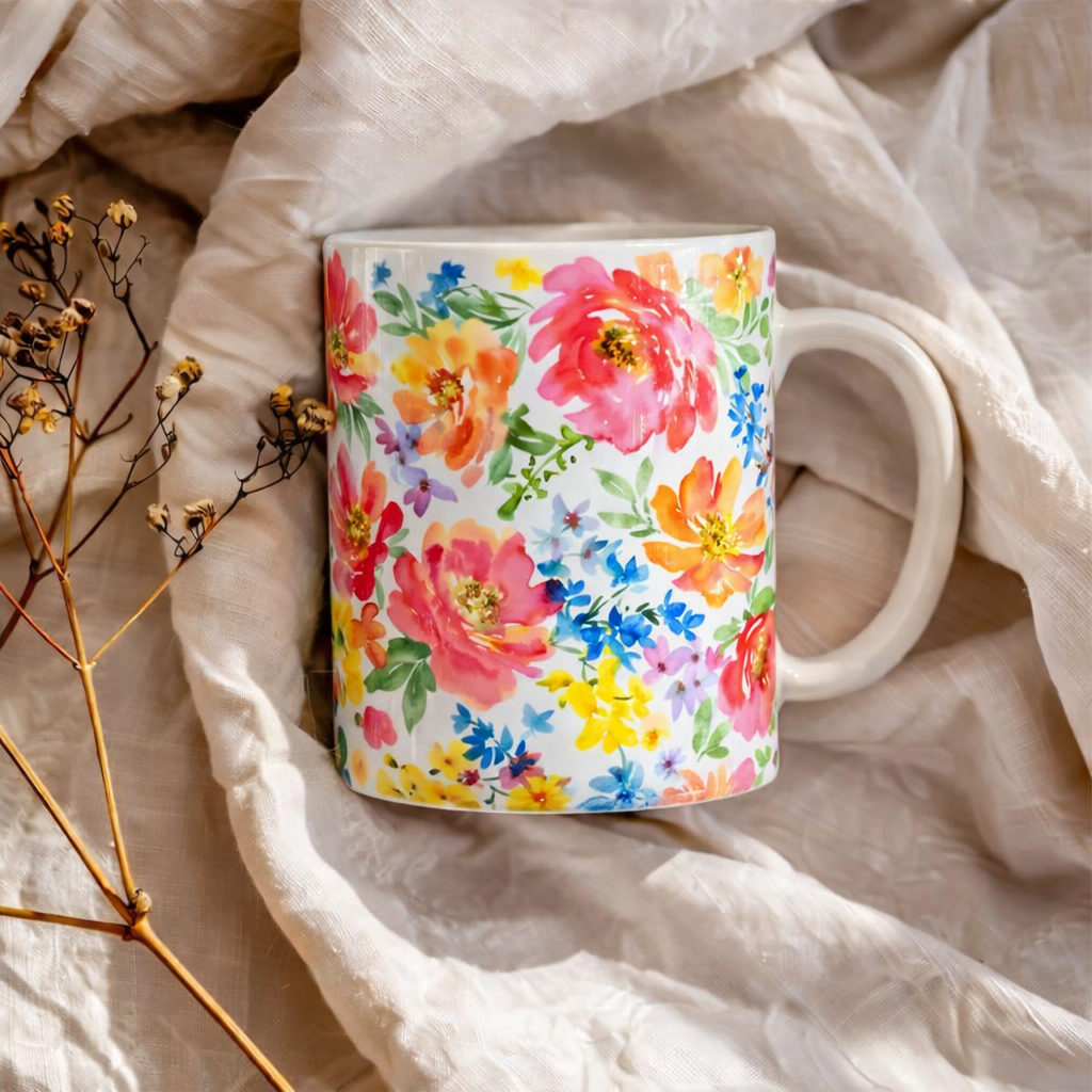 Floral Watercolor Mug — Bright Spring Flowers Ceramic Coffee Cup (11oz & 15oz)
