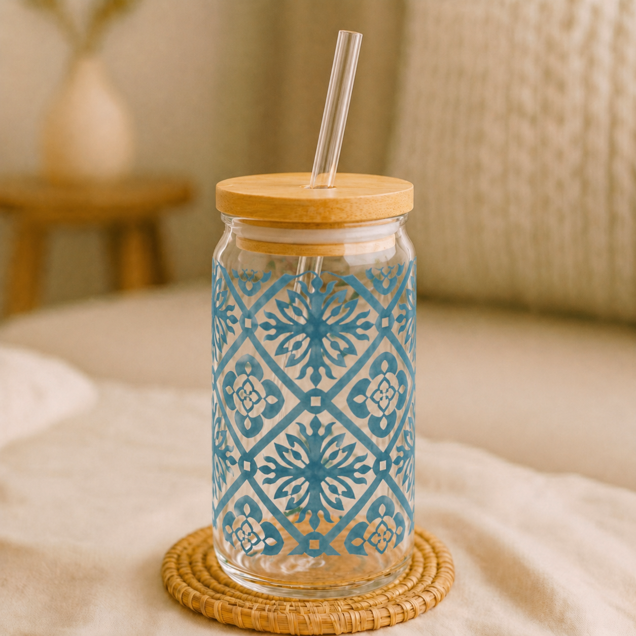 Blue Moroccan Tile Glass Cup with Lid & Straw