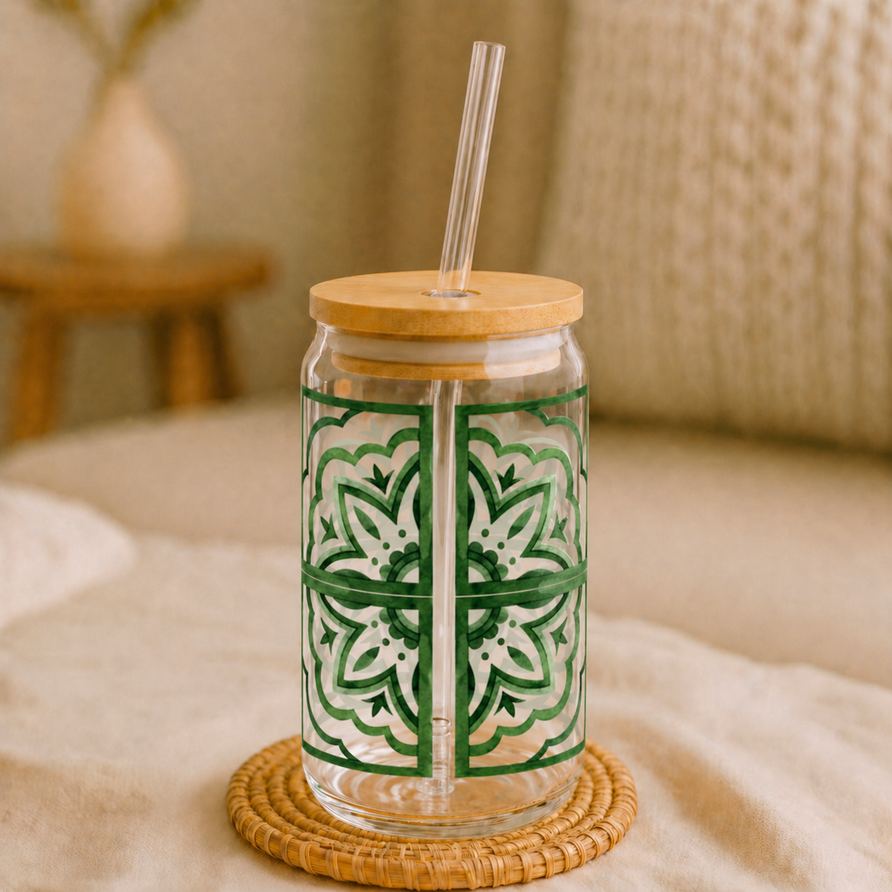 Emerald Moroccan Tile Glass Cup with Lid & Straw – 16oz Aesthetic Vintage Drinkware