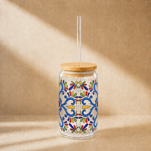 Colorful Folk Mosaic Glass Cup with Lid & Straw