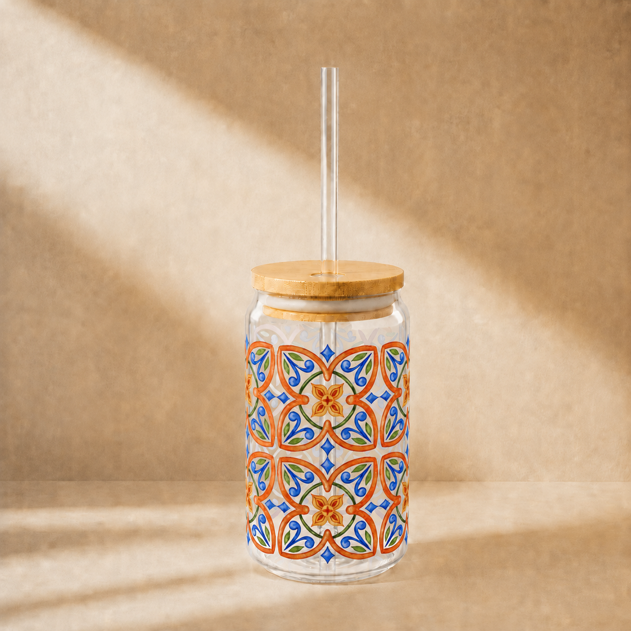 Terracotta Mediterranean Tile Glass Cup with Lid & Straw, 16oz Vintage Mosaic Drinkware