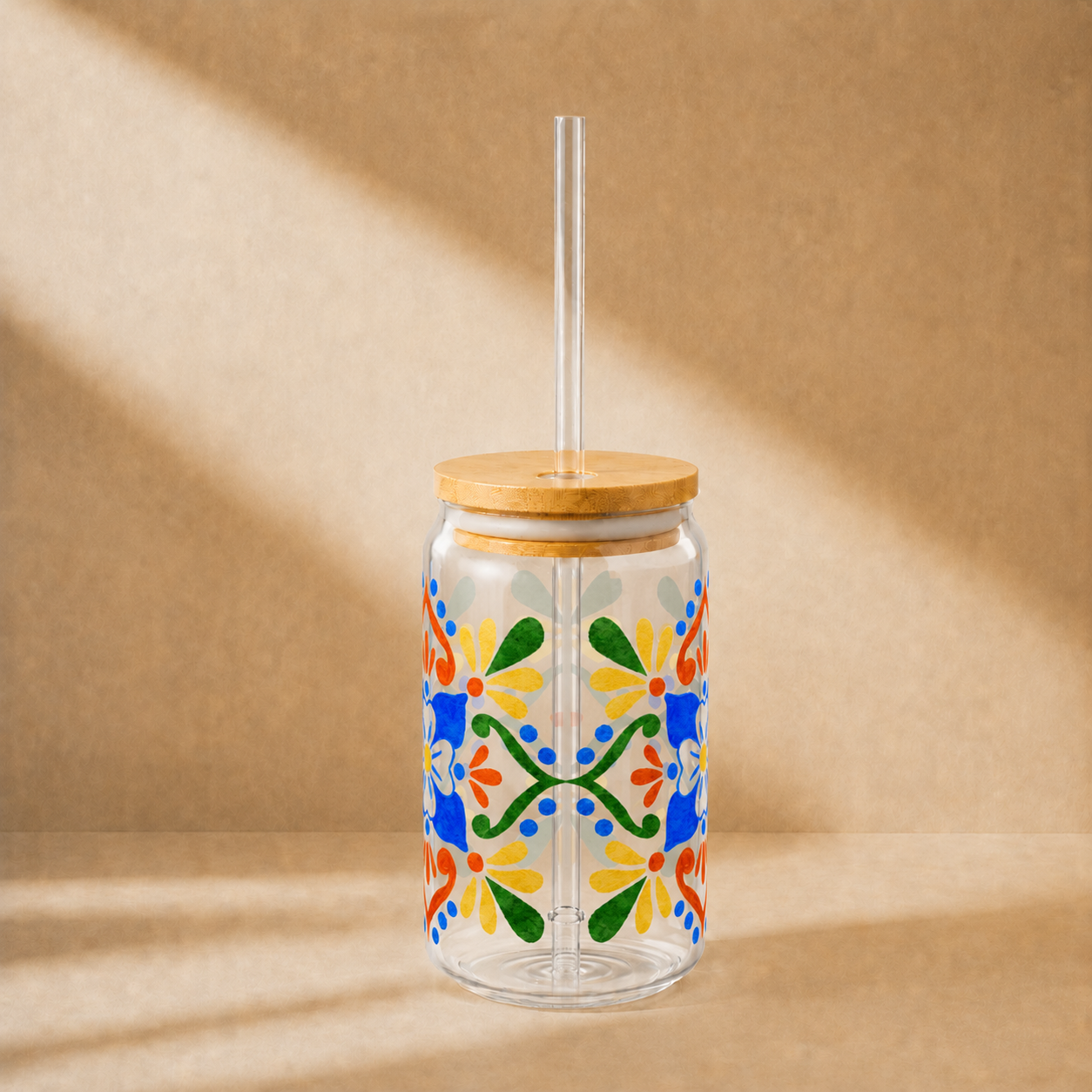 Colorful Mediterranean Floral Glass Cup with Lid & Straw