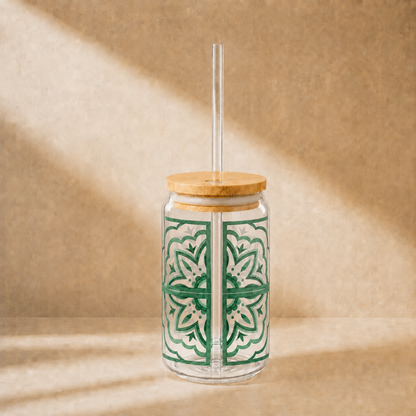 Emerald Moroccan Tile Glass Cup with Lid & Straw – 16oz Aesthetic Vintage Drinkware