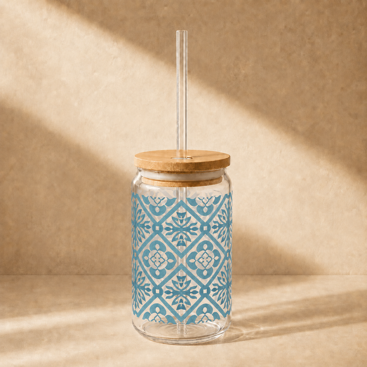 Blue Moroccan Tile Glass Cup with Lid & Straw
