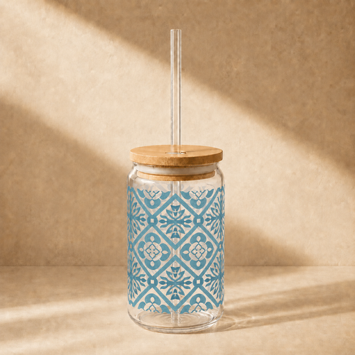 Blue Moroccan Tile Glass Cup with Lid & Straw