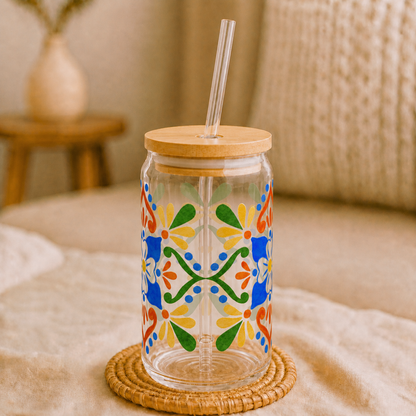 Colorful Mediterranean Floral Glass Cup with Lid & Straw