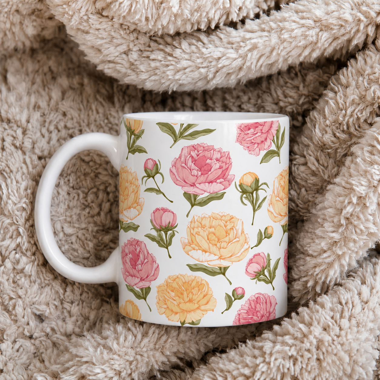 Floral Peony Ceramic Mug – Pink & Peach Vintage Flower Coffee Cup (11oz/15oz)
