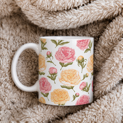 Floral Peony Ceramic Mug – Pink & Peach Vintage Flower Coffee Cup (11oz/15oz)
