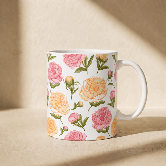 Floral Peony Ceramic Mug – Pink & Peach Vintage Flower Coffee Cup (11oz/15oz)