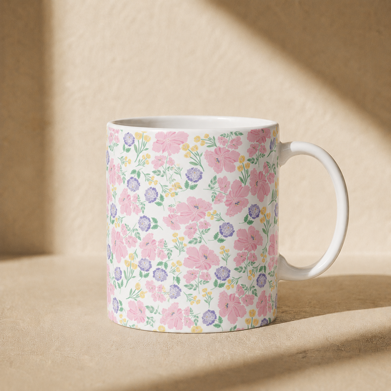Floral Pastel Pattern Ceramic Mug — Cute Spring Flower Coffee Cup (11oz & 15oz)