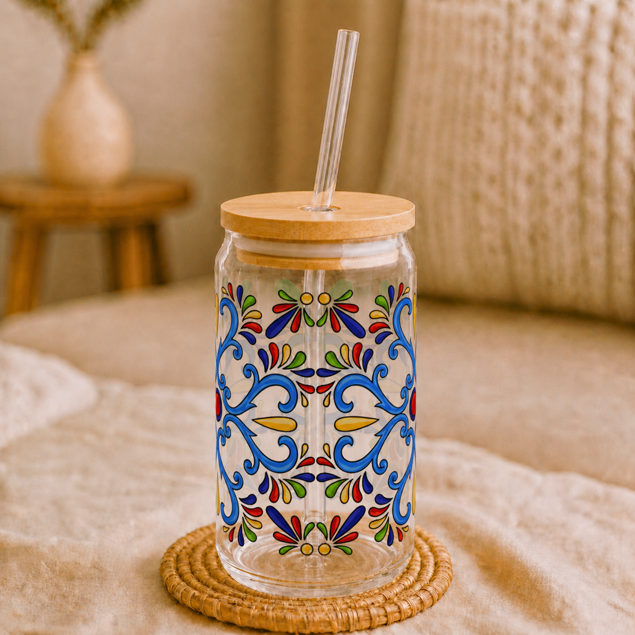 Colorful Folk Mosaic Glass Cup with Lid & Straw