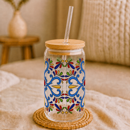 Colorful Folk Mosaic Glass Cup with Lid & Straw