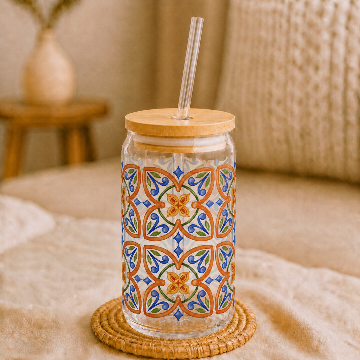 Terracotta Mediterranean Tile Glass Cup with Lid & Straw, 16oz Vintage Mosaic Drinkware