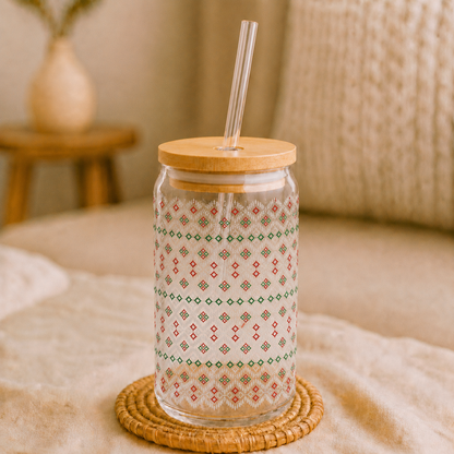 Red Green Ikat Glass Cup with Lid & Straw